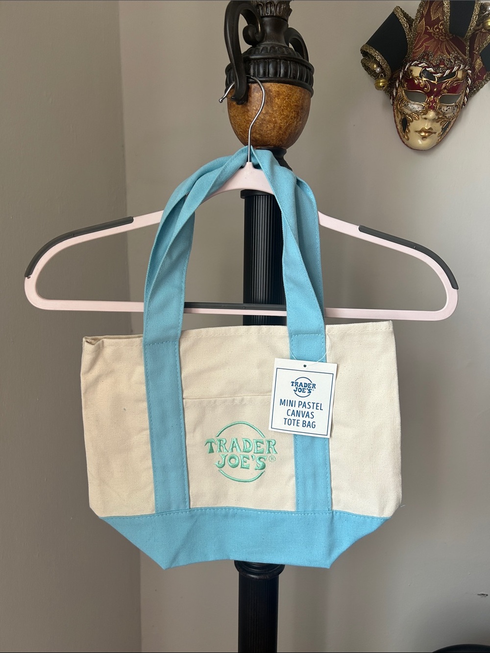 Trader Joe's Mini Canvas Tote Bag in Light Blue and Cream